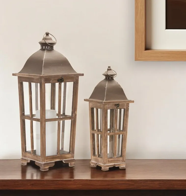 Low Price Set of Two Natural Solid Wood Ornate Tabletop Lantern Candle Holders B