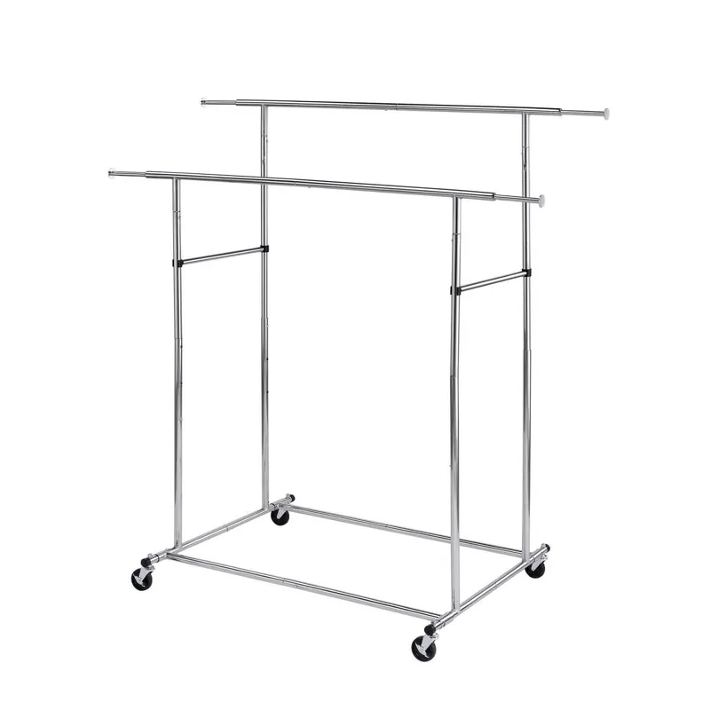 Dual Bar Tubular Metal Frame Garment Rack With Casters, Chrome By Benzara - Chrome Bulk Order