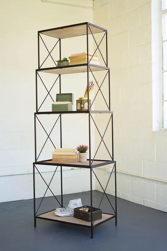 Last Chance Stackable Four Tiered Metal & Wood Shelving Unit By Kalalou - Natural, Gunmetal