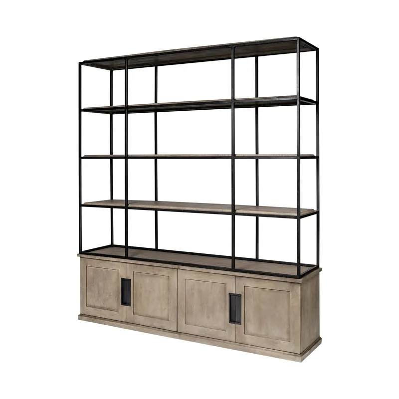 Light Brown Wood and Iron Shelving Unit with 3 Shelves By Homeroots - Discount
