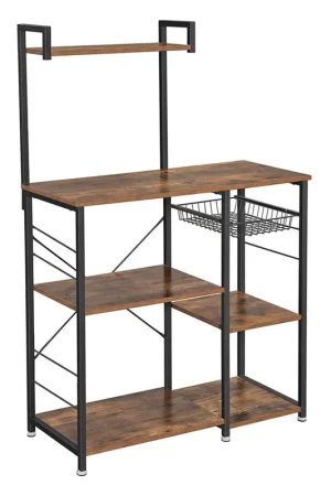 Wooden Utility Storage With 5 Shelves And Wire Basket, Brown And Black By Benzara - Brown and Black New Arrival