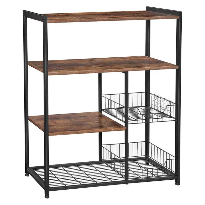 Professional Grade 2 Mesh Basket And 6 Hooks Wood And Metal Frame Bakers Rack, Brown And Black By Benzara - Brown and Black