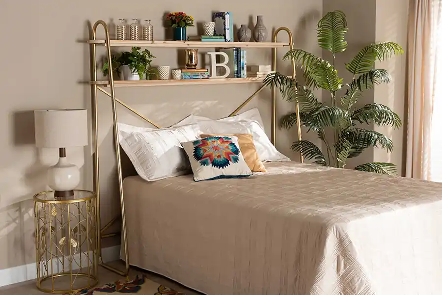 Baxton Studio Merida Glam 2-Tier Over Bed Queen Size Storage Display Shelf - Natural , Gold High Quality