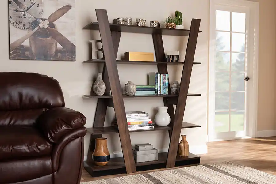 Baxton Studio Michio Modern and Contemporary Walnut Brown Finished 5-Tier Wood Geometric Living Room Display Shelf - Walnut Discount