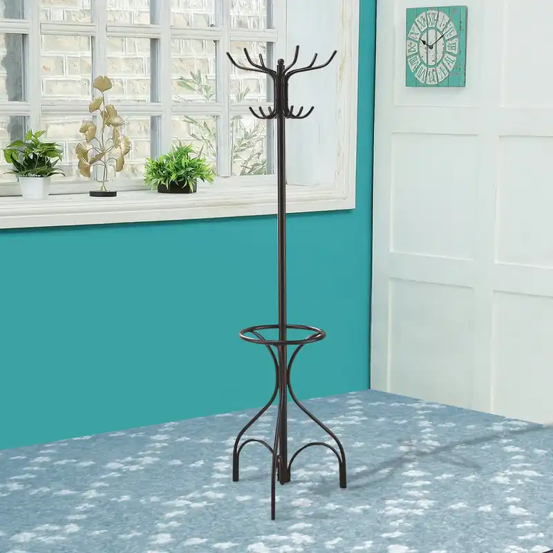 Metal Coat Rack With Umbrella Stand, Black By Benzara Exclusive