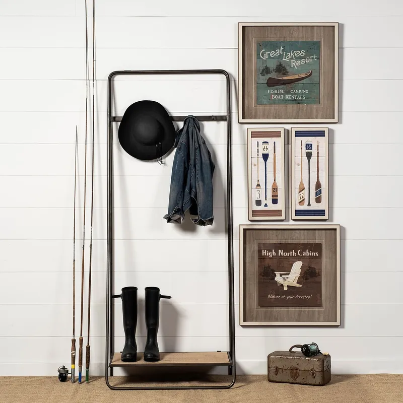 Black Pipe Metal and Wood Shelf Hall Tree By Homeroots Today Only