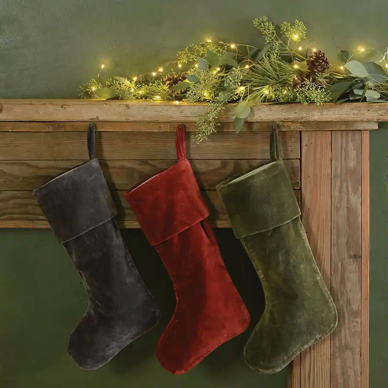 Express Delivery Velvet Stocking - Sage Green-Dark Grey-Red - Set Of 2 By HomArt