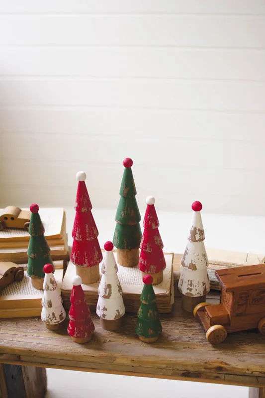 Bargain Set Of Nine Turned Wood Painted Christmas Trees By Kalalou