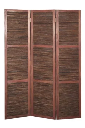 Wooden 3 Panel Room Divider With Horizontal Bamboo Stripes, Dark Brown By Benzara - Brown Best Price
