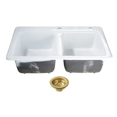 Kingston Brass Petra Galley 33" Cast Iron Self-Rimming Double Bowl Drop-In Kitchen Sink (2-Hole) with Basket Strainers x 2, White/Brushed Brass - KGT33229D27 Buy Today