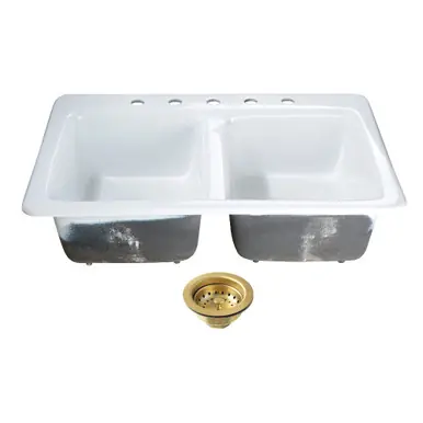 Kingston Brass Petra Galley 33" Cast Iron Self-Rimming Double Bowl Drop-In Kitchen Sink (5-Hole) with Basket Strainers x 2, White/Brushed Brass - KGT33229D57 Time-Limited