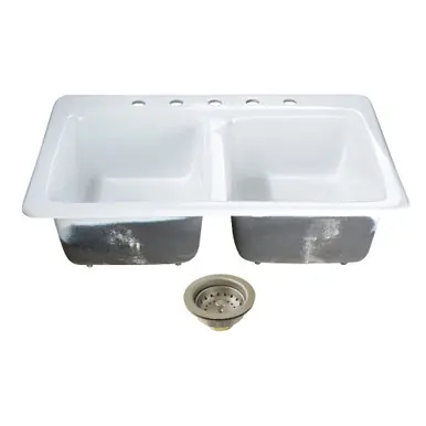 Original Kingston Brass Petra Galley 33" Cast Iron Self-Rimming Double Bowl Drop-In Kitchen Sink (5-Hole) with Basket Strainers x 2, White/Brushed Nickel - KGT33229D58