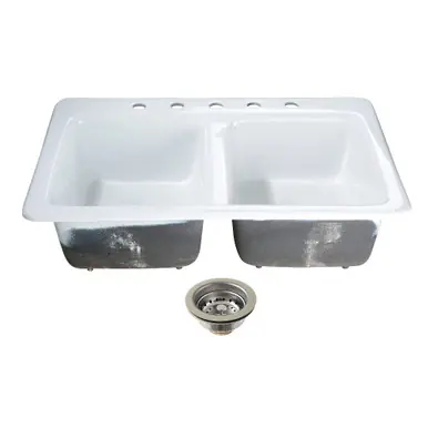 Kingston Brass Petra Galley 33" Cast Iron Self-Rimming Double Bowl Drop-In Kitchen Sink (5-Hole) with Basket Strainers x 2, White/Polished Chrome - KGT33229D51 Budget
