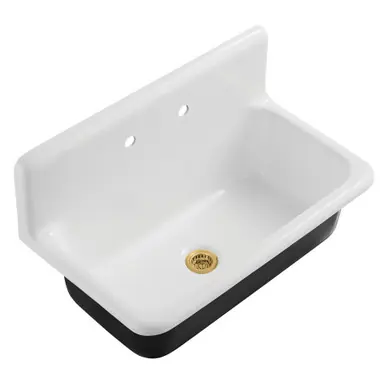 Kingston Brass Petra Galley 36" Cast Iron Single Bowl Wall Mount Kitchen Sink (2-Hole) with Strainer, White/Brushed Brass - KGCKWS3620117 Instant Buy