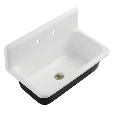Reduced Price Kingston Brass Petra Galley 36" Cast Iron Single Bowl Wall Mount Kitchen Sink (2-Hole) with Strainer, White/Brushed Nickel - KGCKWS3620118
