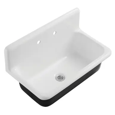 Save Now Kingston Brass Petra Galley 36" Cast Iron Single Bowl Wall Mount Kitchen Sink (2-Hole) with Strainer, White/Polished Chrome - KGCKWS3620111
