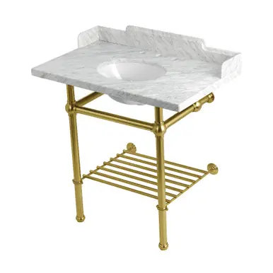 Direct From Manufacturer Kingston Brass Pemberton 36" Carrara Marble Console Sink with Brass Legs and Shelf (8-Inch, 3-Hole), Marble White/Brushed Brass - LMS36MBB7