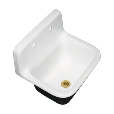 Kingston Brass Petra Galley 22" Cast Iron Single Bowl Wall Mount Kitchen Sink (2-Hole) with Strainer, White/Brushed Brass - KGCKWS2218227 Instant Buy