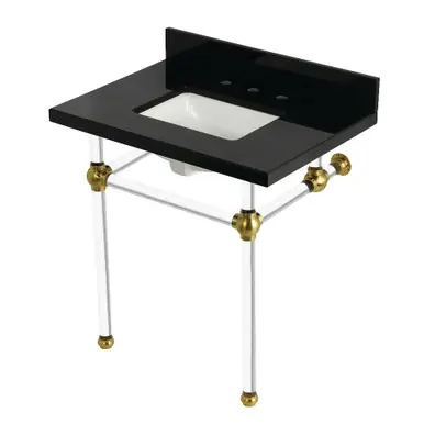 Affordable Kingston Brass Templeton 30" Black Granite Console Sink with Acrylic Legs (8-Inch, 3-Hole), Black Granite/Brushed Brass - KVPK3030KASQ7