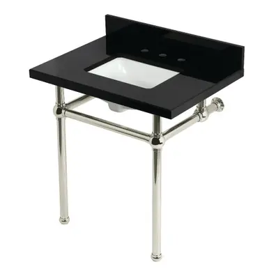 Final Sale Kingston Brass Templeton 30" Black Granite Console Sink with Brass Legs (8-Inch, 3-Hole), Black Granite/Polished Nickel - KVPK3030KBSQ6