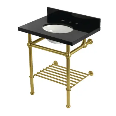 Top Pick Kingston Brass Templeton 30" Black Granite Console Sink with Brass Legs and Shelf (8-Inch, 3-Hole), Black Granite/Brushed Brass - KVPK30KBB7