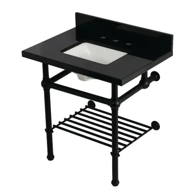 Kingston Brass Templeton 30" Black Granite Console Sink with Brass Legs and Shelf (8-Inch, 3-Hole), Black Granite/Matte Black - KVPK3030KBSQB0 Affordable