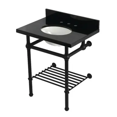 Kingston Brass Templeton 30" Black Granite Console Sink with Brass Legs and Shelf (8-Inch, 3-Hole), Black Granite/Matte Black - KVPK30KBB0 Wholesale