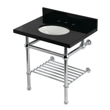 Factory Price Kingston Brass Templeton 30" Black Granite Console Sink with Brass Legs and Shelf (8-Inch, 3-Hole), Black Granite/Polished Chrome - KVPK3030KBB1