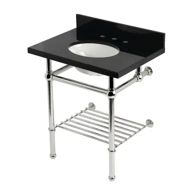 Kingston Brass Templeton 30" Black Granite Console Sink with Brass Legs and Shelf (8-Inch, 3-Hole), Black Granite/Polished Nickel - KVPK30KBB6 Factory Price