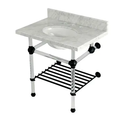 Final Sale Kingston Brass Templeton 30" Carrara Marble Console Sink with Acrylic Legs and Shelf (8-Inch, 3-Hole), Carrara Marble/Matte Black - KVPB3030MAB0