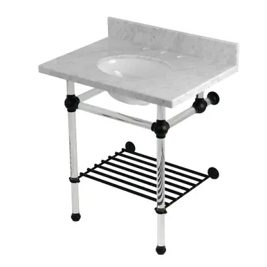 Trusted Brand Kingston Brass Templeton 30" Carrara Marble Console Sink with Acrylic Legs and Shelf (8-Inch, 3-Hole), Carrara Marble/Matte Black - KVPB30MAB0