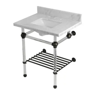 Money Back Guarantee Kingston Brass Templeton 30" Carrara Marble Console Sink with Acrylic Legs and Shelf (8-Inch, 3-Hole), Carrara Marble/Oil Rubbed Bronze - KVPB30MASQB5