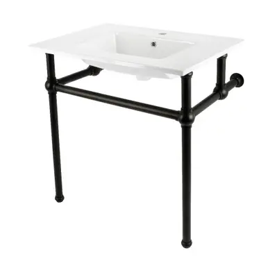 Get Yours Kingston Brass Templeton 31" Ceramic Console Sink with Brass Legs (1-Hole), White/Matte Black - KVBH312270
