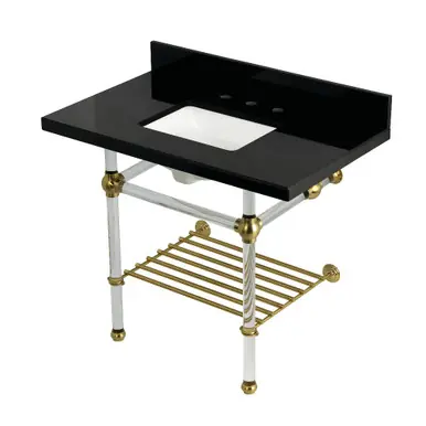 Kingston Brass Templeton 36" Black Granite Console Sink with Acrylic Legs and Shelf (8-Inch, 3-Hole), Black Granite/Brushed Brass - KVPK3630KASQB7 New Release