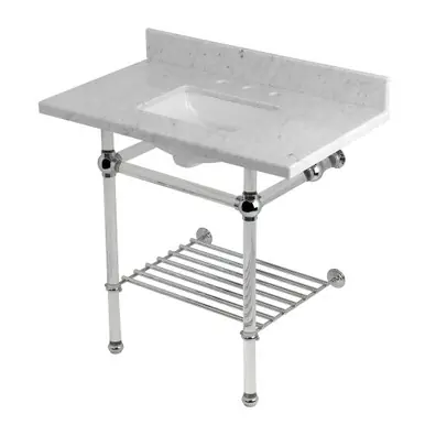 Affordable Kingston Brass Templeton 36" Carrara Marble Console Sink with Acrylic Legs and Shelf (8-Inch, 3-Hole), Carrara Marble/Polished Chrome - KVPB36MASQB1
