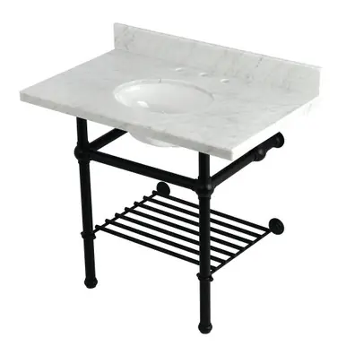 Kingston Brass Templeton 36" Carrara Marble Console Sink with Brass Legs and Shelf (8-Inch, 3-Hole), Carrara Marble/Matte Black - KVPB3630MBB0 Budget