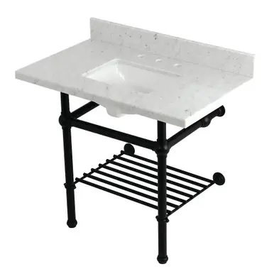 Price Cut Kingston Brass Templeton 36" Carrara Marble Console Sink with Brass Legs and Shelf (8-Inch, 3-Hole), Carrara Marble/Matte Black - KVPB3630MBSQB0
