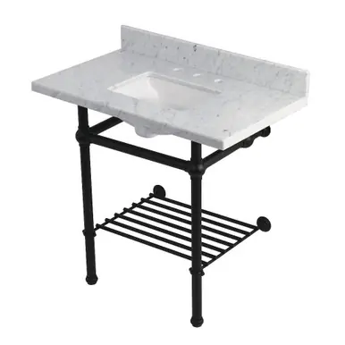 Kingston Brass Templeton 36" Carrara Marble Console Sink with Brass Legs and Shelf (8-Inch, 3-Hole), Carrara Marble/Matte Black - KVPB36MBSQB0 Super Sale