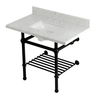 Kingston Brass Templeton 36" Carrara Marble Console Sink with Brass Legs and Shelf (8-Inch, 3-Hole), Carrara Marble/Oil Rubbed Bronze - KVPB3630MBSQB5 Express Delivery
