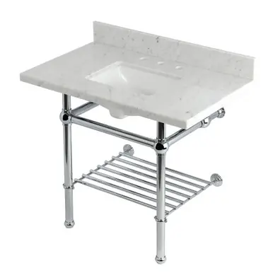 Kingston Brass Templeton 36" Carrara Marble Console Sink with Brass Legs and Shelf (8-Inch, 3-Hole), Carrara Marble/Polished Chrome - KVPB3630MBSQB1 Sale