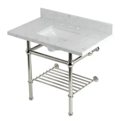 Premium Kingston Brass Templeton 36" Carrara Marble Console Sink with Brass Legs and Shelf (8-Inch, 3-Hole), Carrara Marble/Polished Nickel - KVPB3630MBSQB6