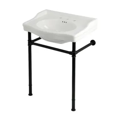 Worldwide Shipping Kingston Brass Victorian 30" Ceramic Console Sink with Stainless Steel Legs (8-Inch, 3-Hole), White/Matte Black - KVPB30229W80