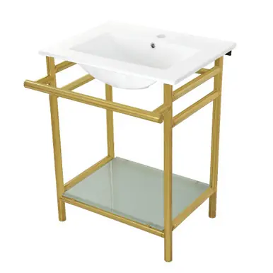 Worldwide Shipping Kingston Brass VPB24187W17 24-Inch Ceramic Console Sink (1-Hole), White/Brushed Brass