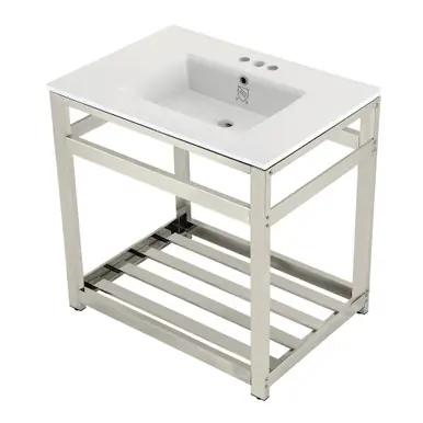 Affordable Kingston Brass VWP3122W4A6 Quadras 31-Inch Ceramic Console Sink (4-Inch, 3-Hole), White/Polished Nickel