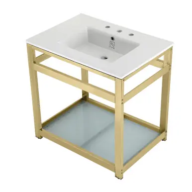 Worldwide Shipping Kingston Brass VWP3122W8B2 Quadras 31-Inch Ceramic Console Sink (8-Inch, 3-Hole) with Glass Shelf, White/Polished Brass