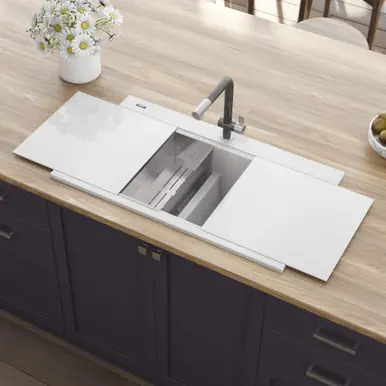 Wholesale Ruvati 34 inch epiGranite Topmount Workstation Ledge Granite Composite Kitchen Sink - Arctic White - RVG1350WH