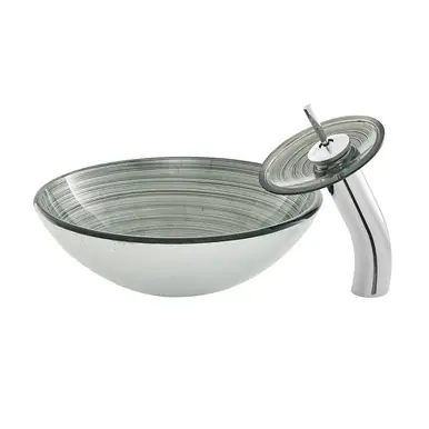 Luxury Swiss Madison SM-VSF260 Cascade 16.5 Glass Vessel Sink with Faucet, Smoky Grey - 28 x 24 inches