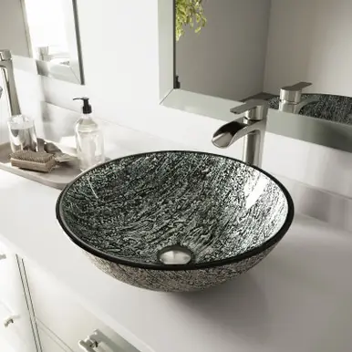 Weekend Sale Vigo VGT1056 Titanium Glass Vessel Bathroom Sink Set With Niko Vessel Faucet In Brushed Nickel - 16 1/2 inch