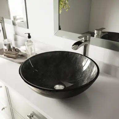 Vigo VGT1058 Gray Onyx Glass Vessel Bathroom Sink Set With Niko Vessel Faucet In Brushed Nickel - 16 1/2 inch Editor’s Pick