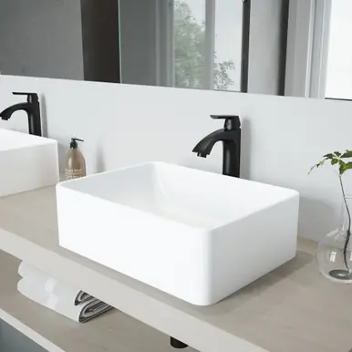 Place Order Vigo VGT1148 Hibiscus Matte Stone Vessel Bathroom Sink Set With Linus Vessel Faucet In Matte Black - 16 inch
